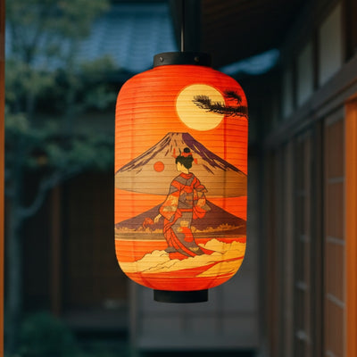 Glowing traditional japanese lantern displaying geisha pilgrimage scene hanging near window overlooking lush green garden at dusk