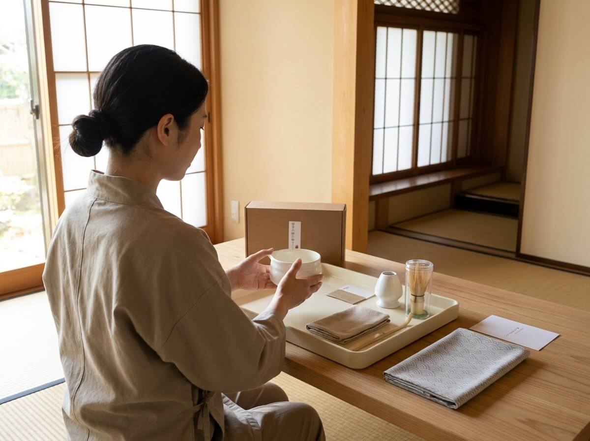 Overhead view of hands arranging a traditional japanese matcha whisk set with cream ceramic bowl, bamboo whisk, and kraft packaging box beside a measurement blueprint