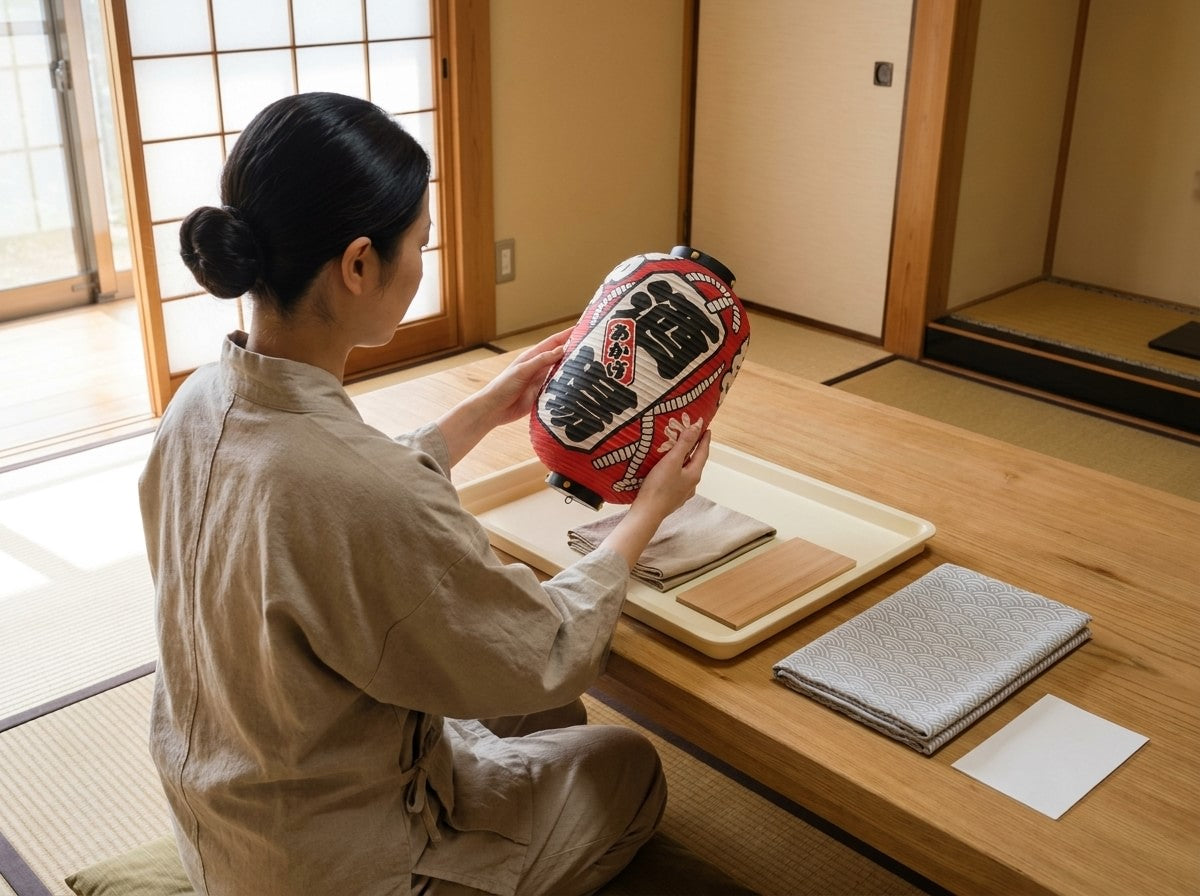 Artisan holding a traditional Japanese paper lantern with bold red and white script above a tray with folded cloths, tatami room table by shoji doors