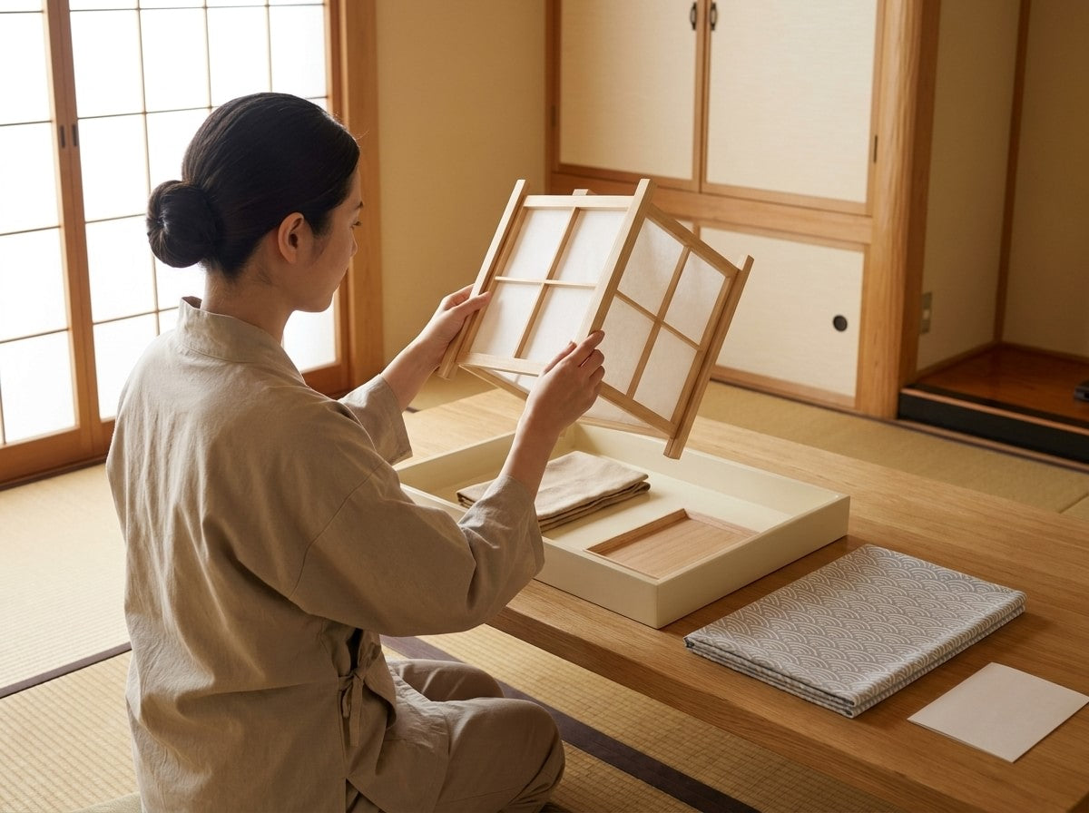 Artisan holding open a traditional Japanese paper pendant light with wooden grid panels, tray with folded cloths on the tatami room table by shoji doors