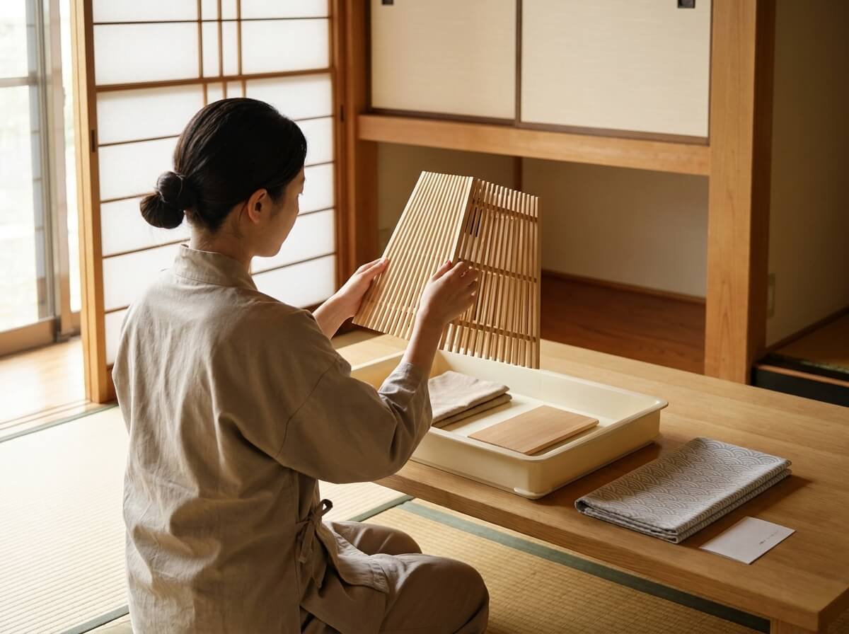 Woman folding open the wooden slat panels of a traditional japanese pendant light fixture, inspecting the joinery near a shoji screen with linen cloth and wooden tray nearby