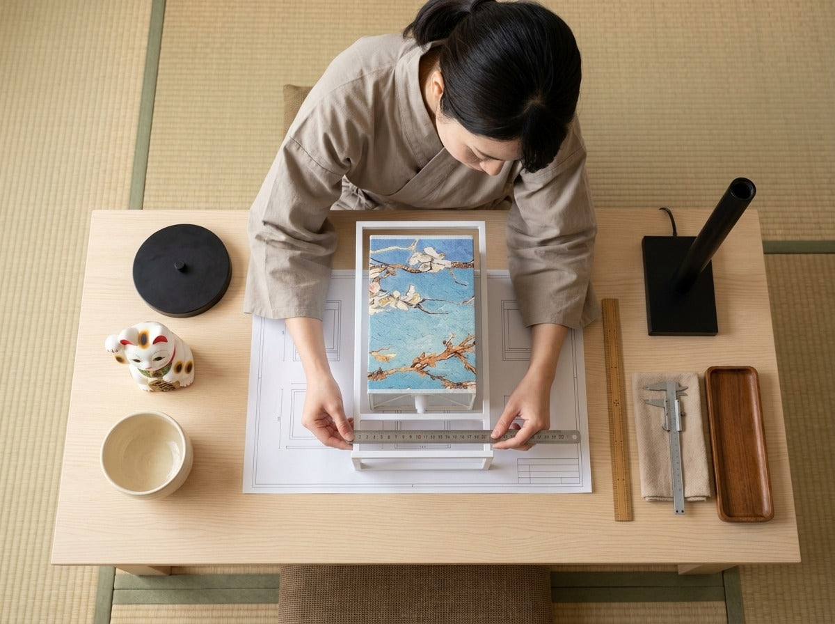 Overhead craftsmanship shot measuring a traditional Japanese style table lamp with blue floral fabric shade on a scale blueprint, calipers and maneki neko figurine nearby