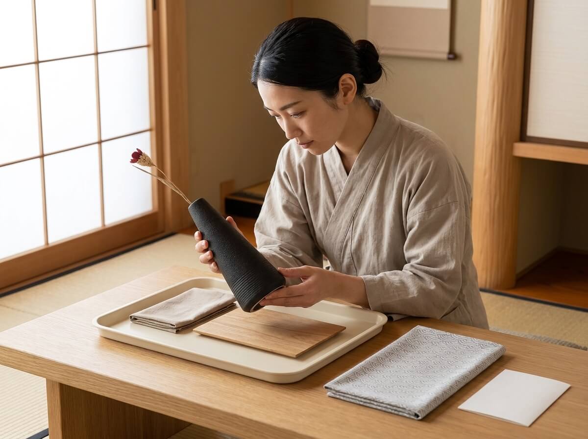Woman in a linen apron holding a traditional japanese vintage vase in dark textured stoneware, a single dried flower stem rising from its narrow neck