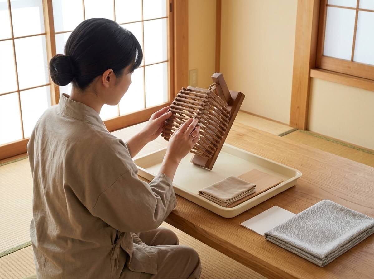 Woman tilting a traditional japanese wall lamp to inspect its hand-woven wooden slat shade and brass chain mount, resting on a serving tray with folded linen cloth near a shoji screen window