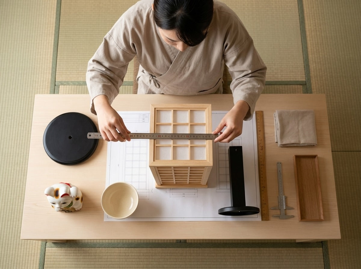 Overhead workshop shot measuring a traditional wooden kumiko lattice lamp with a ruler on a scale blueprint, maneki neko figurine and calipers on the table
