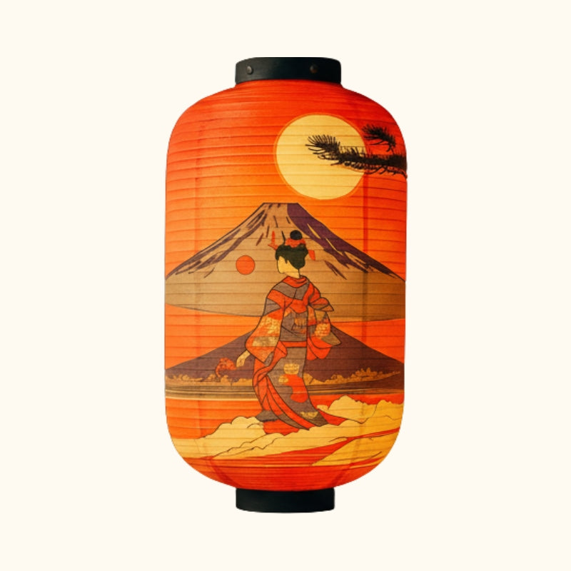 Classic traditional lantern japanese in orange with Mount Fuji and geisha sunset artwork displayed on clean white background