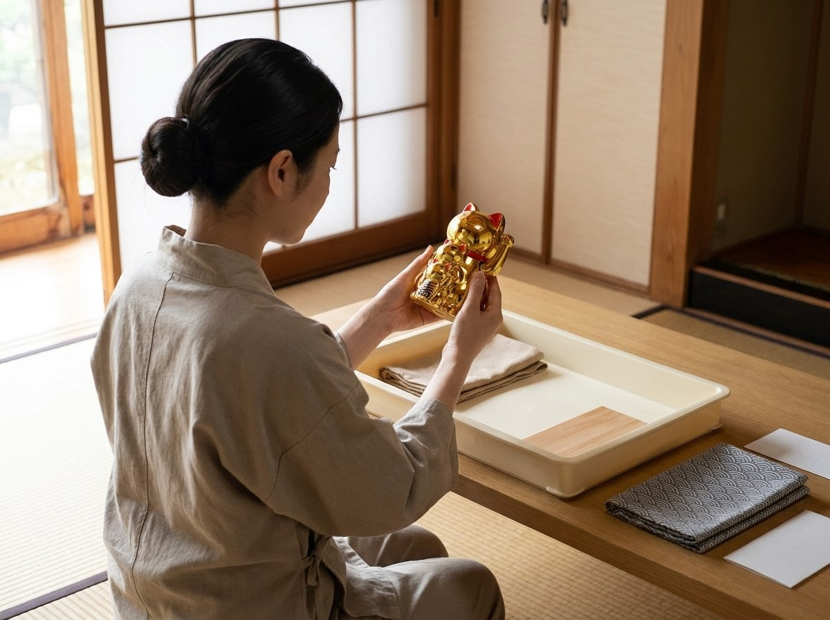 Artisan holding a traditional gold maneki neko cat figurine with raised paw and red accents, tray with folded cloths on the tatami room table by shoji doors