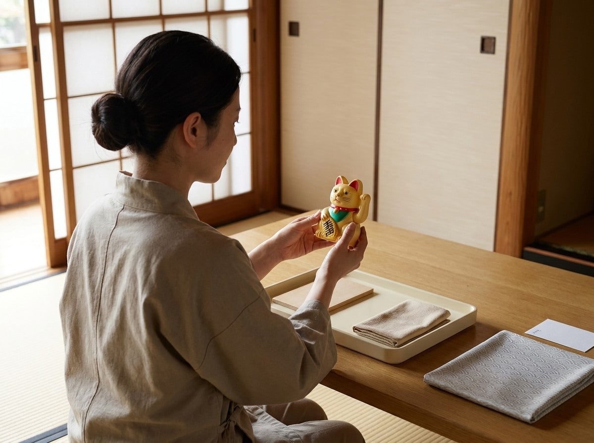 Artisan holding a traditional gold maneki neko figurine with green bib and raised paw, tray with folded cloths on the tatami room table by shoji doors