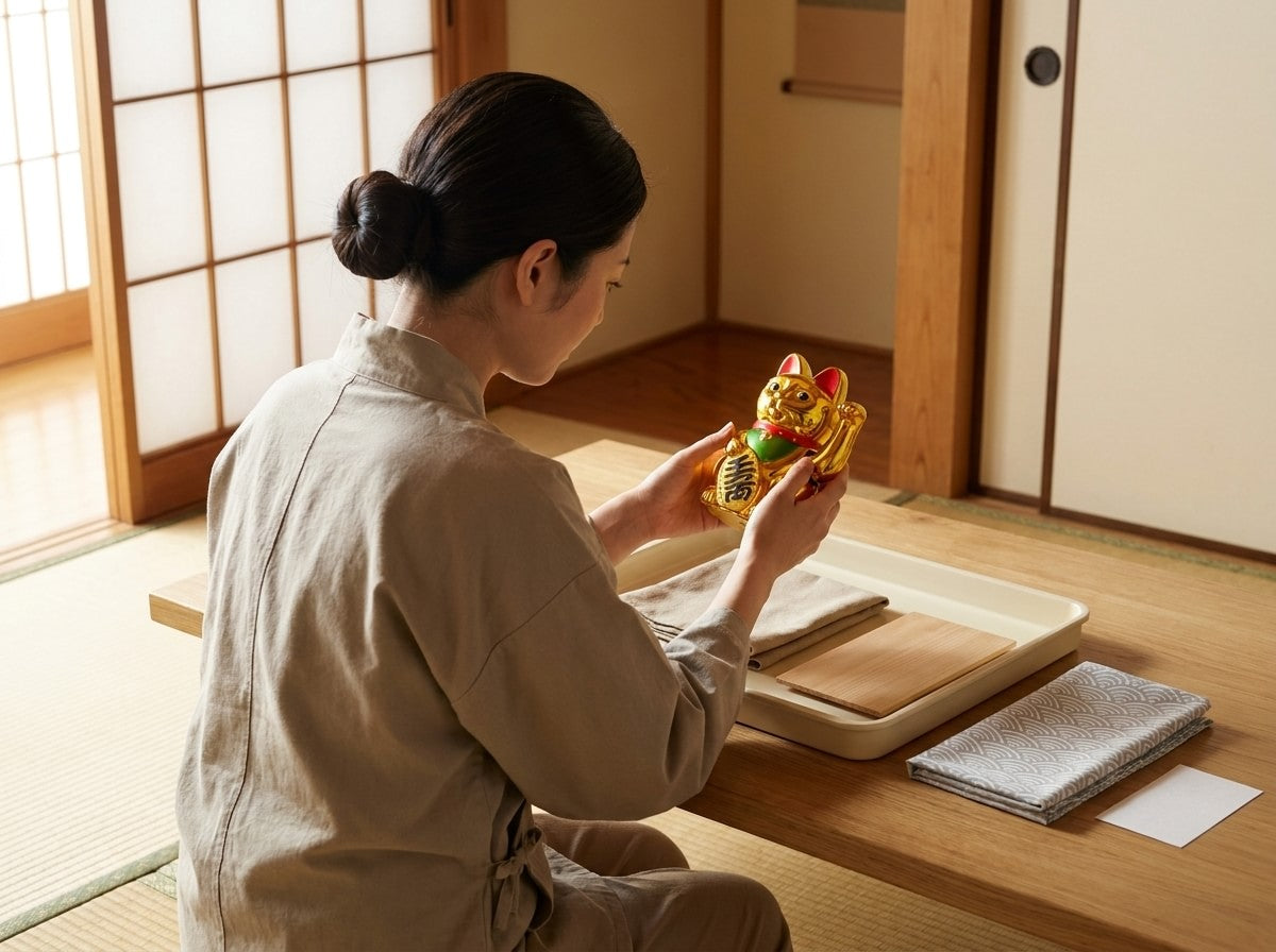 Overhead workshop shot measuring a traditional gold maneki neko cat figurine with raised paw on a scale blueprint, white maneki neko and ceramic bowl on the table