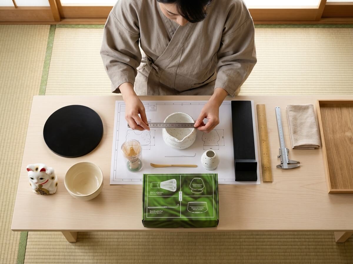 Overhead view of hands measuring a speckled ceramic bowl from a traditional matcha tea set with a ruler, surrounded by its illustrated packaging, bamboo tools, and a maneki-neko figurine