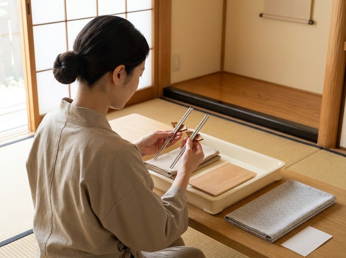 Woman in linen apron carefully handling a pair of traditional metal chopsticks with decorative wooden rest on a wooden tray in a bright Japanese tatami room