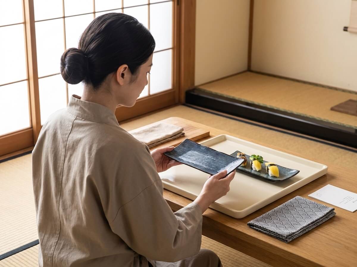 Woman in a linen apron holding a striped black traditional plate of sushi with grilled eel and citrus nigiri, presented on a wooden tray