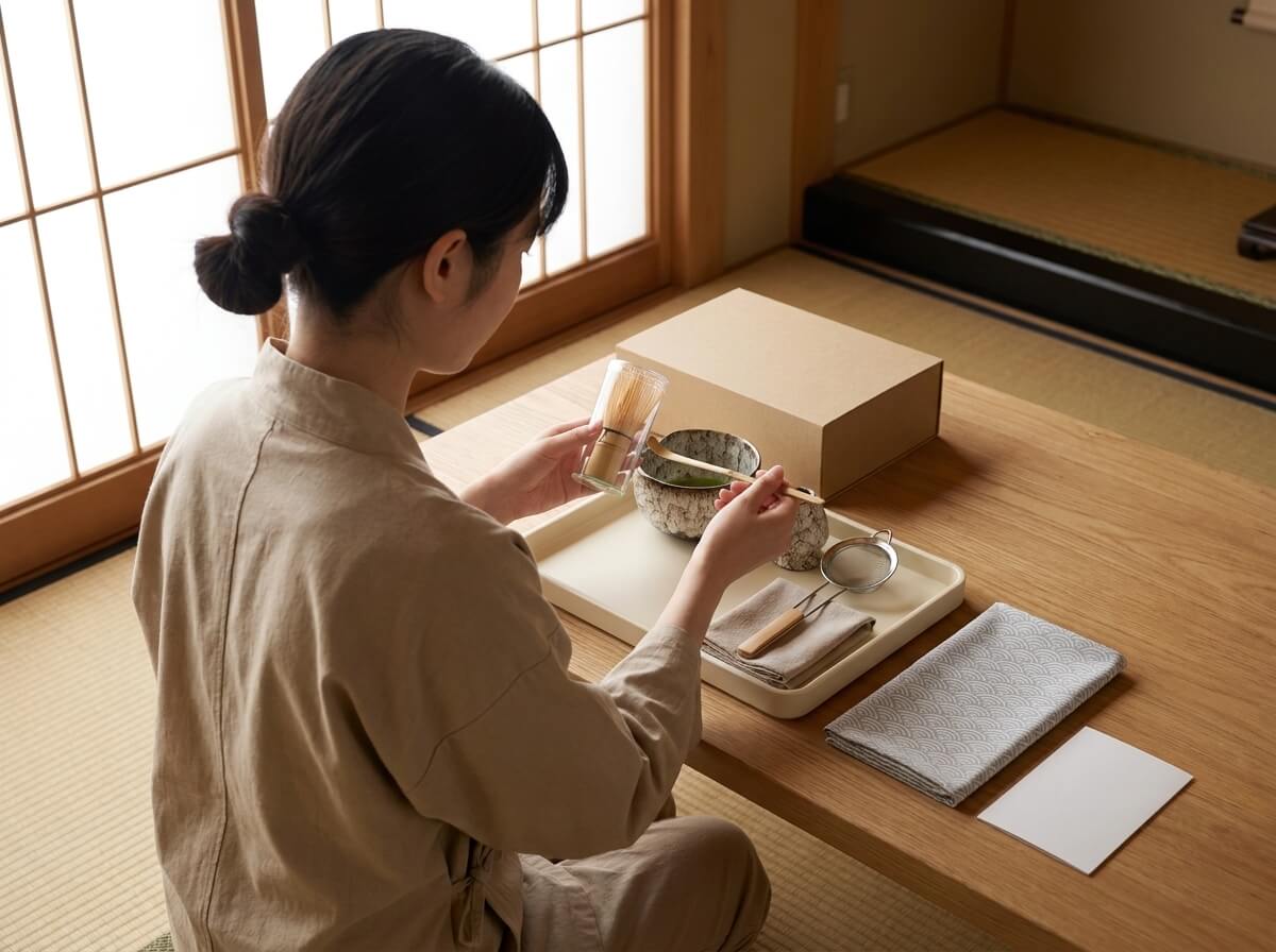 Woman in a linen apron whisking matcha into a speckled ceramic bowl from a traditional set for matcha, kraft box and strainer tray nearby in a quiet tatami room