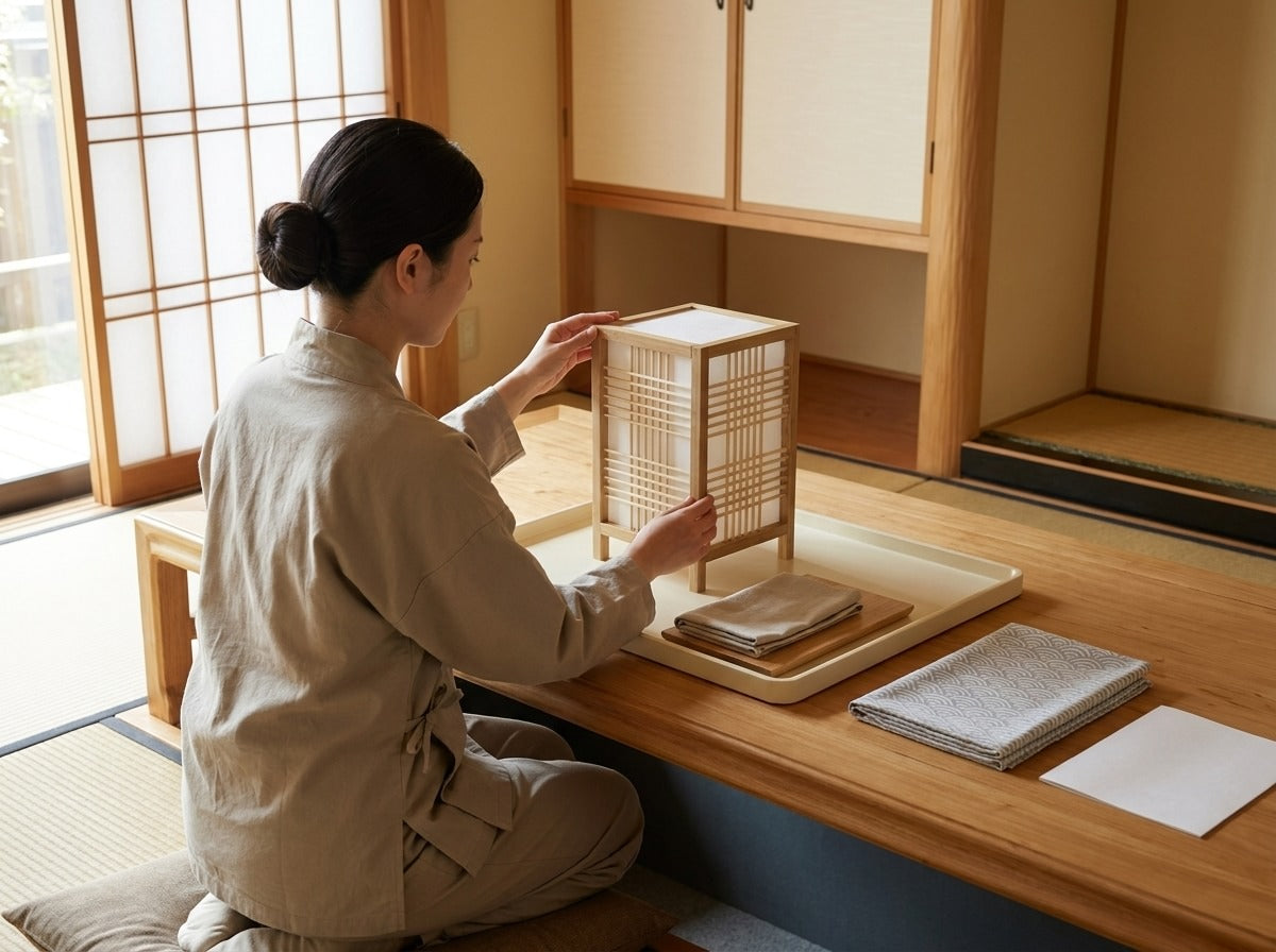 Artisan holding a traditional shoji lamp with woven wooden lattice panels above a tray with folded cloths, sunlit tatami room with shelving in the background
