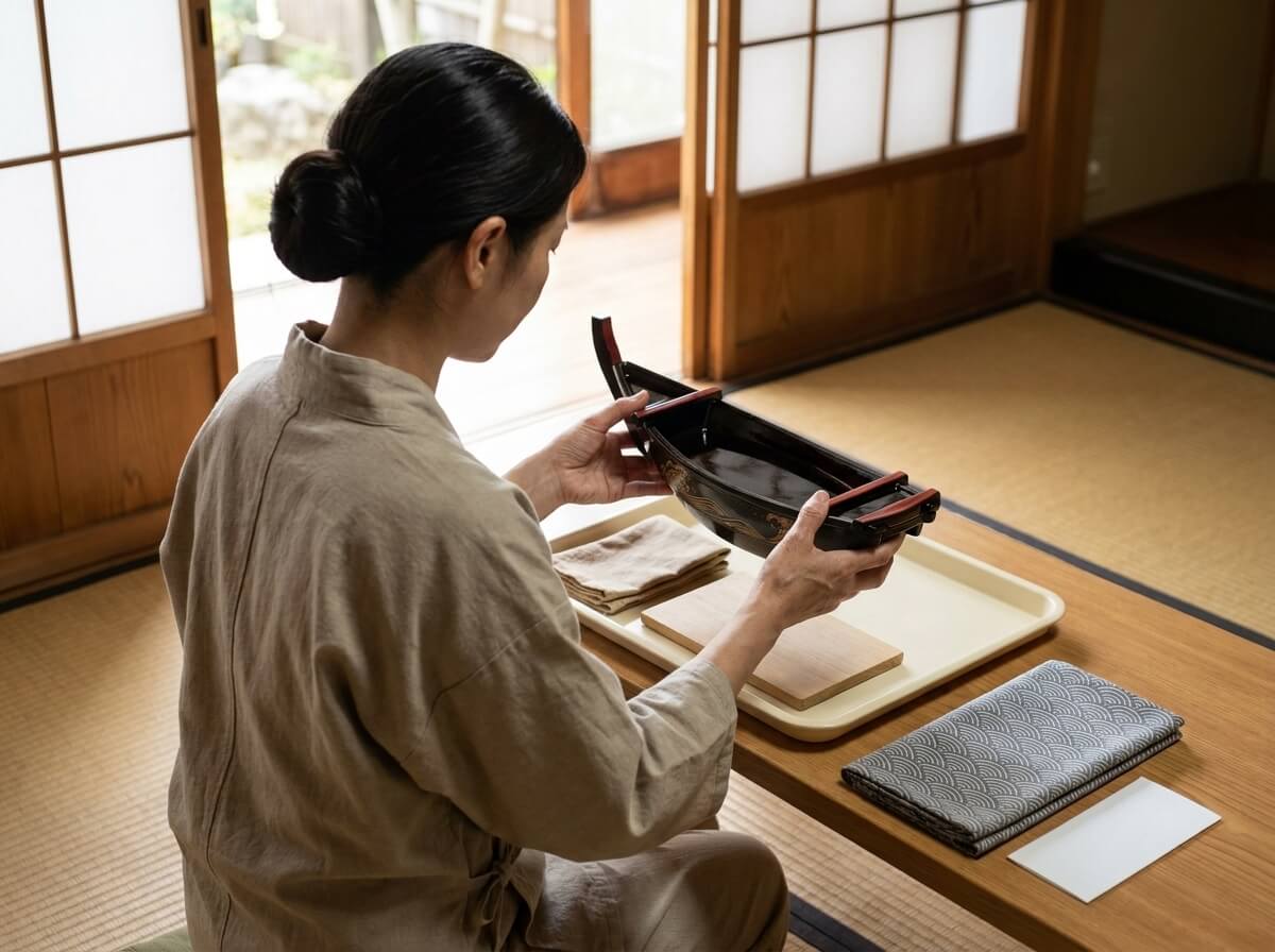 Woman in a linen apron holding a traditional sushi boat sushi vessel in black lacquer with gold wave patterns and red handles, tray resting below