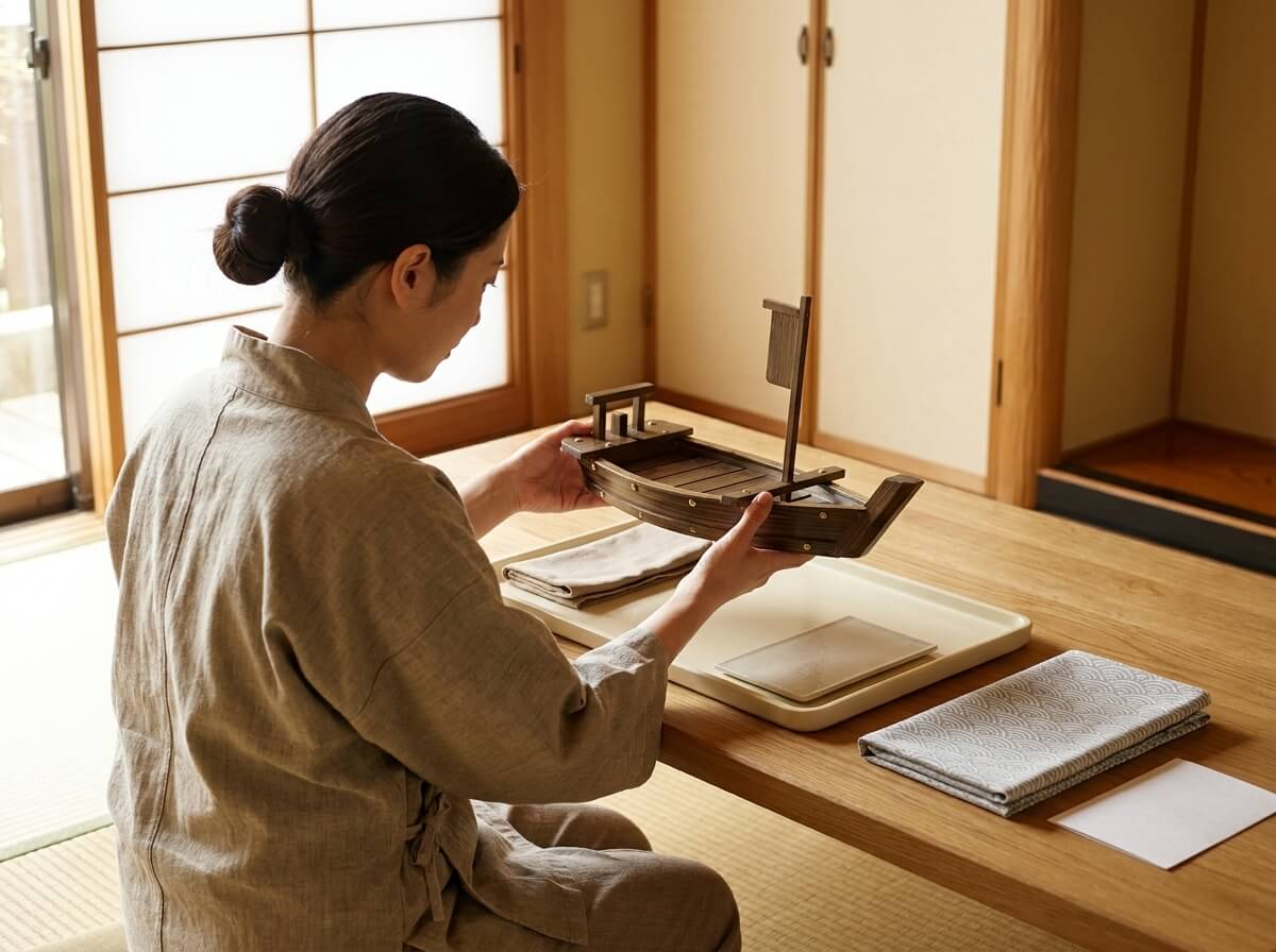 Woman in a linen apron holding a dark wood piece from a set of traditional sushi boats, its slatted base and single mast catching the light