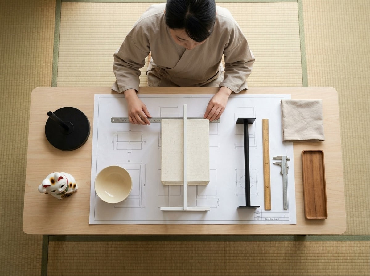 Overhead workshop shot measuring a traditional Japanese table lamp with cream linen shade and white frame on a scale blueprint, maneki neko figurine nearby
