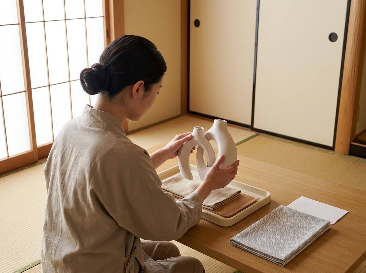 Woman in a linen apron holding a traditional vintage japanese vase in cream stoneware, its two intertwined loop handles resting on a presentation tray