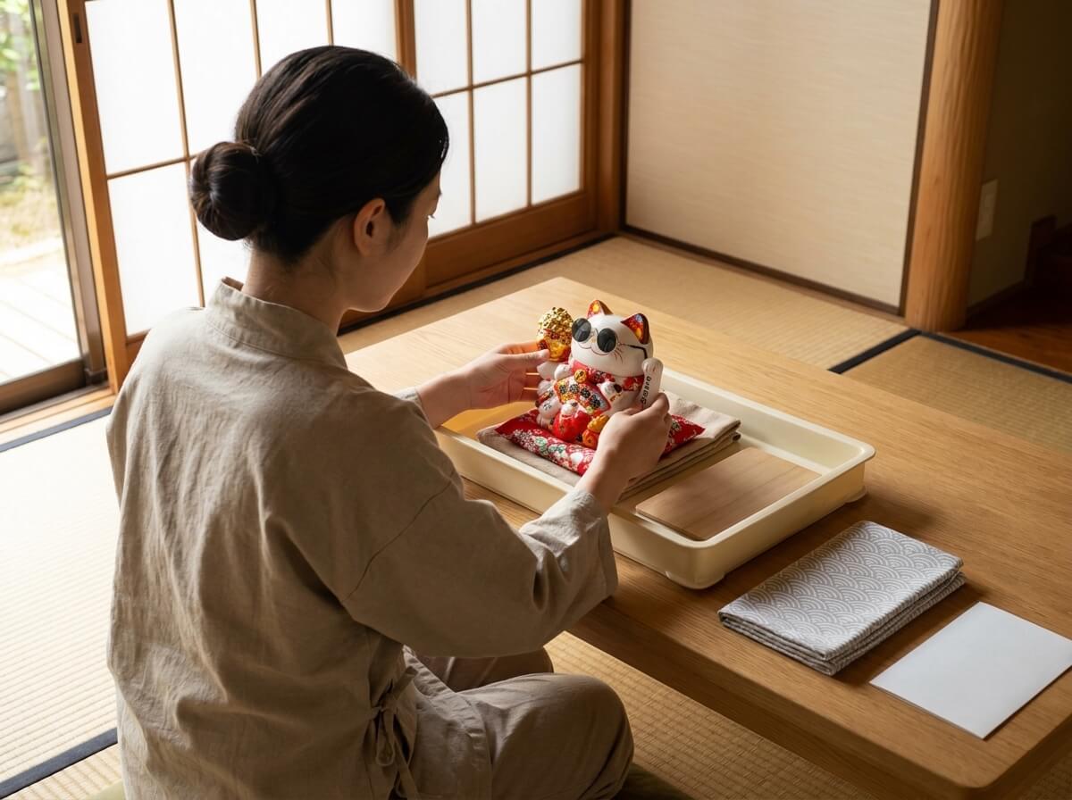 Woman lifting a traditional white maneki neko figurine wearing round sunglasses and gold ornaments from its serving tray, folded linen cloth resting nearby near a shoji screen window