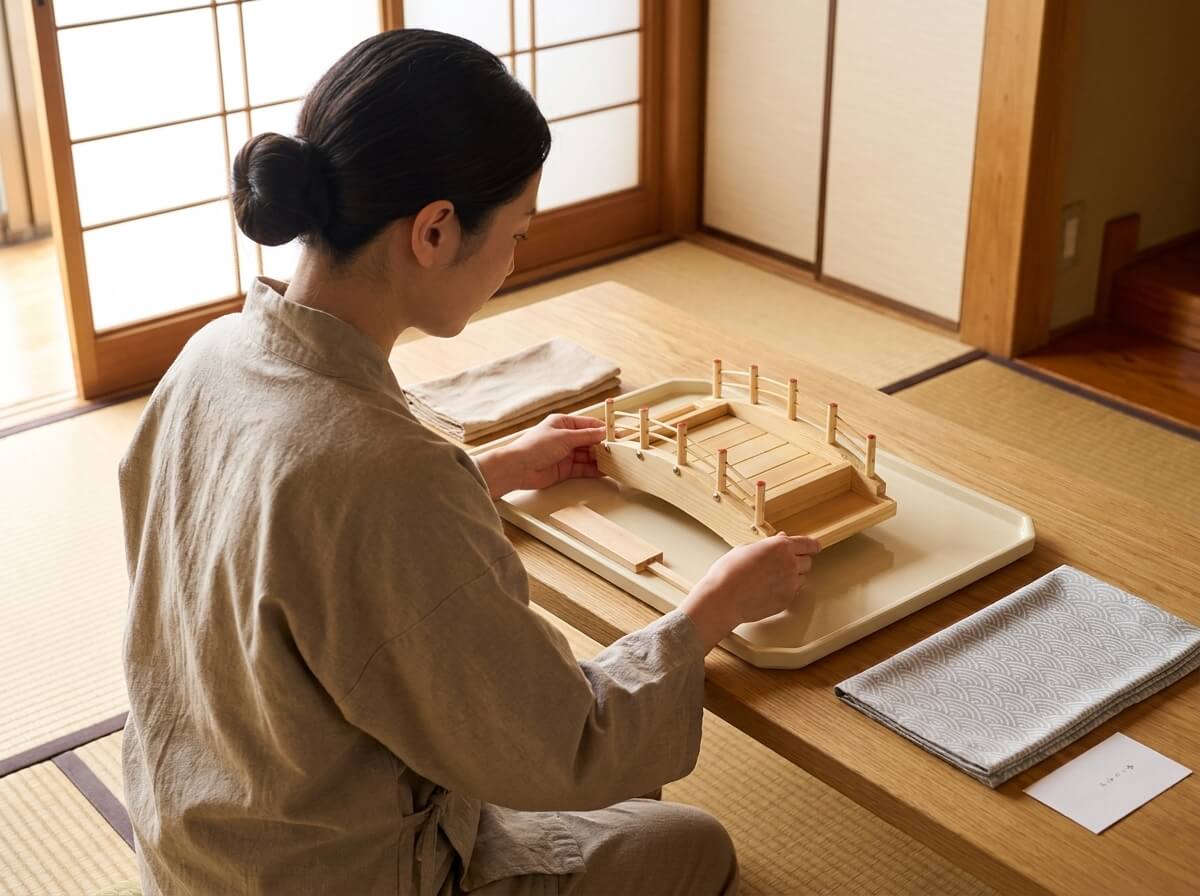 Woman in a linen apron examining a traditional wooden sushi boat shaped like an arched bridge with slatted railings, resting on a presentation tray