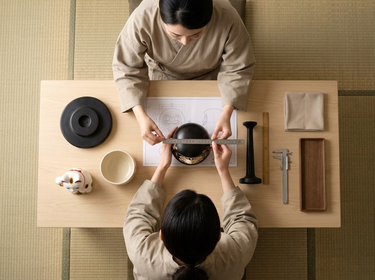 Two artisans in kimono measuring a traditional black daruma doll against technical blueprints on a tatami worktable with maneki-neko figurine and precision tools