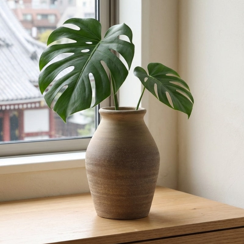 Organic vase ikebana holding fresh monstera leaves on wooden shelf with traditional japanese temple view