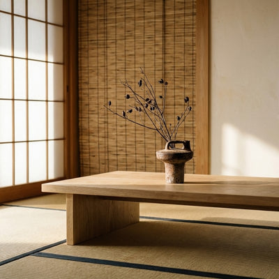 Organic vase pottery wabi sabi with dried botanical stems on low wooden table in traditional tatami room