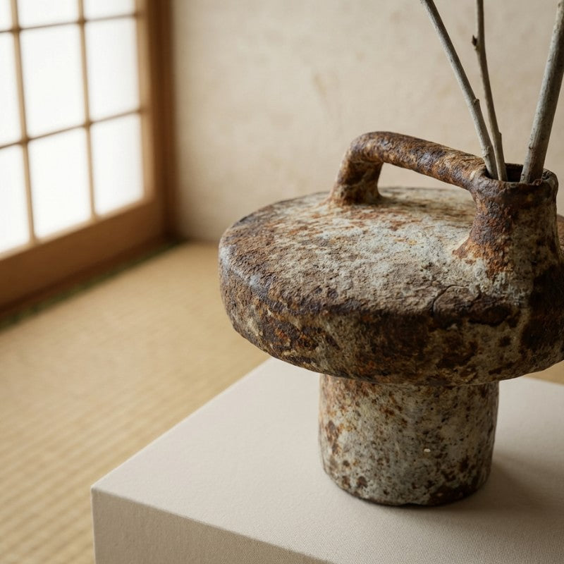 Close up of aged vase wabi sabi pottery showcasing natural patina and weathered ceramic handle texture