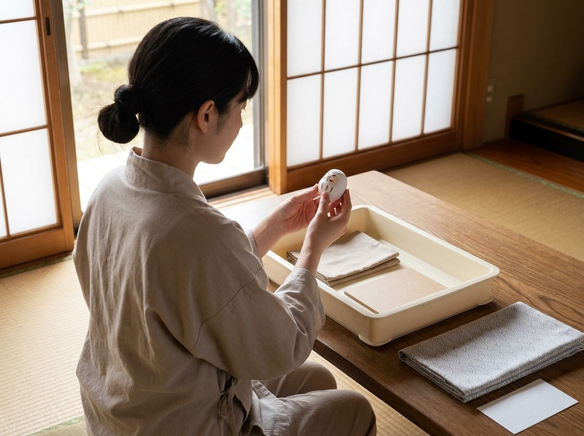Artisan examining a very small white daruma doll by the window, tray with folded cloths and wooden accessory nearby, shoji screens overlooking a garden view