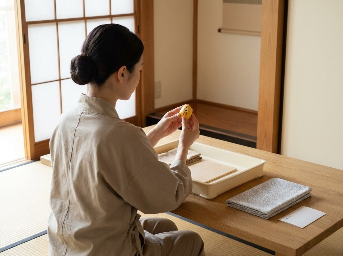Artisan holding a very small yellow daruma doll close to inspect the painted face, cream tray with folded cloths and a small note card on the wooden table