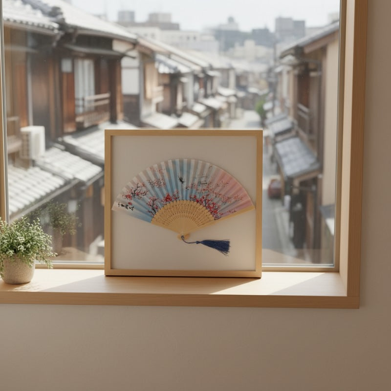 Beautiful vintage japanese hand fan pink with blue gradient and cherry blossom design showcased in natural wood frame beside window with snowy street scene