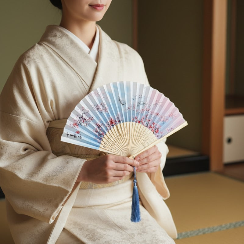 Person in cream kimono holding vintage japanese hand fan with blue pink gradient and sakura pattern in traditional tatami room interior