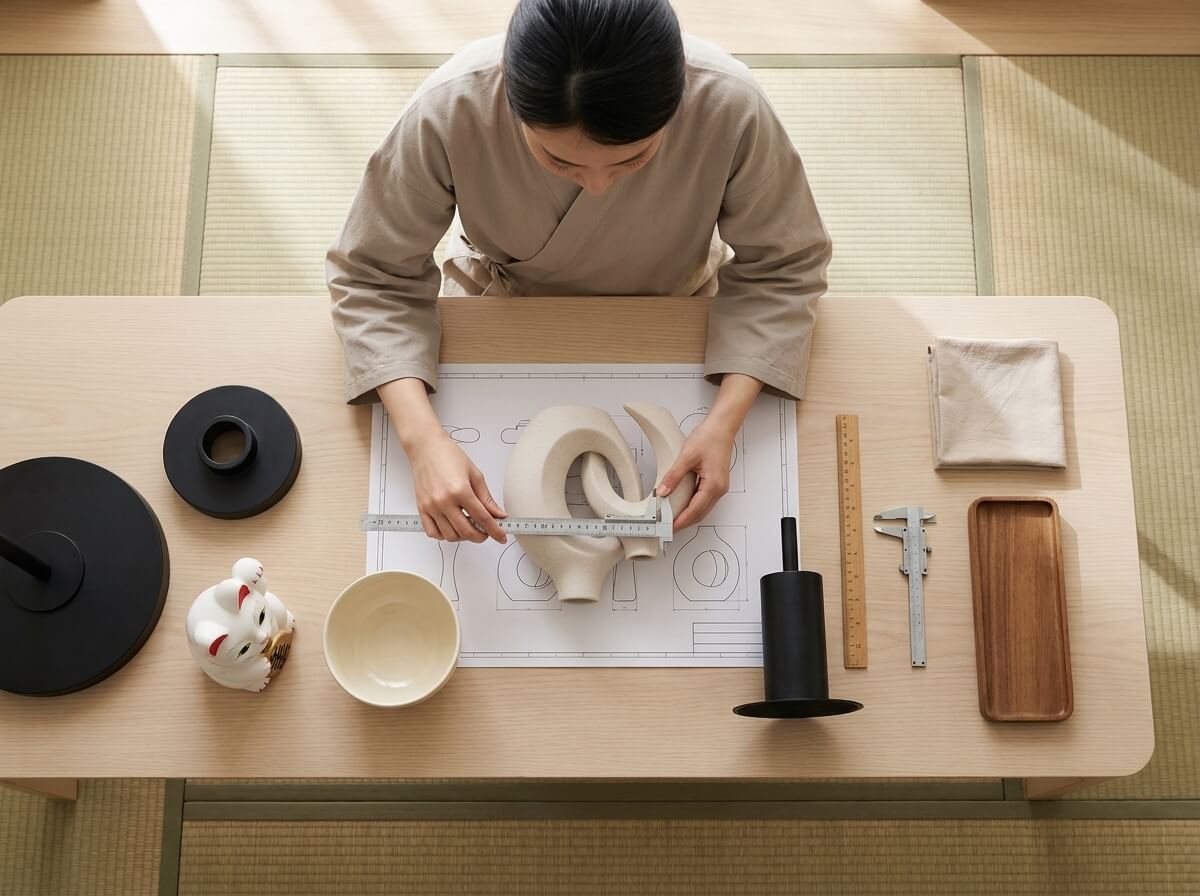 Overhead view of hands measuring a vintage japanese vase traditional in form, sculptural cream stoneware with looping dual handles, against a blueprint