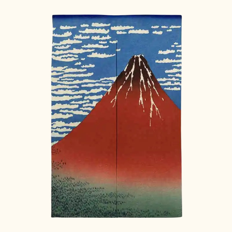 Volcano noren doorway curtain featuring iconic Red Fuji Hokusai artwork displayed on neutral background