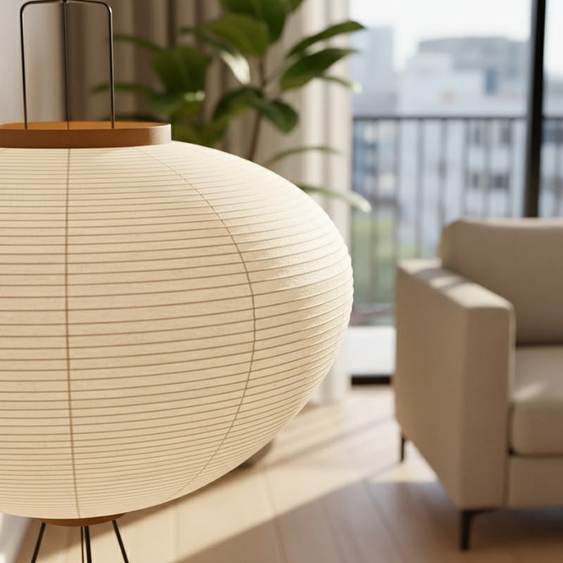 Close up detail of wabi sabi lamp floor showing delicate horizontal paper lines and wooden cap with contemporary interior backdrop