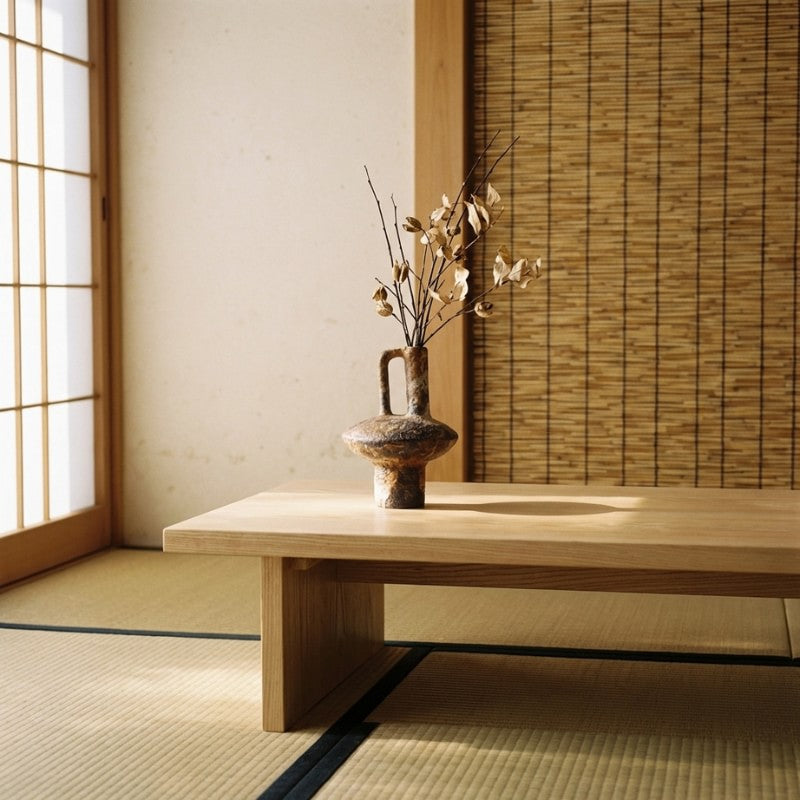 Traditional wabi sabi long vase with dried botanical arrangement on wooden table near bamboo blind and shoji screen