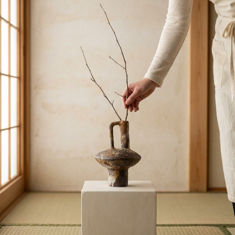 Hand arranging minimalist branch in authentic wabi sabi vase long displayed on white pedestal over tatami