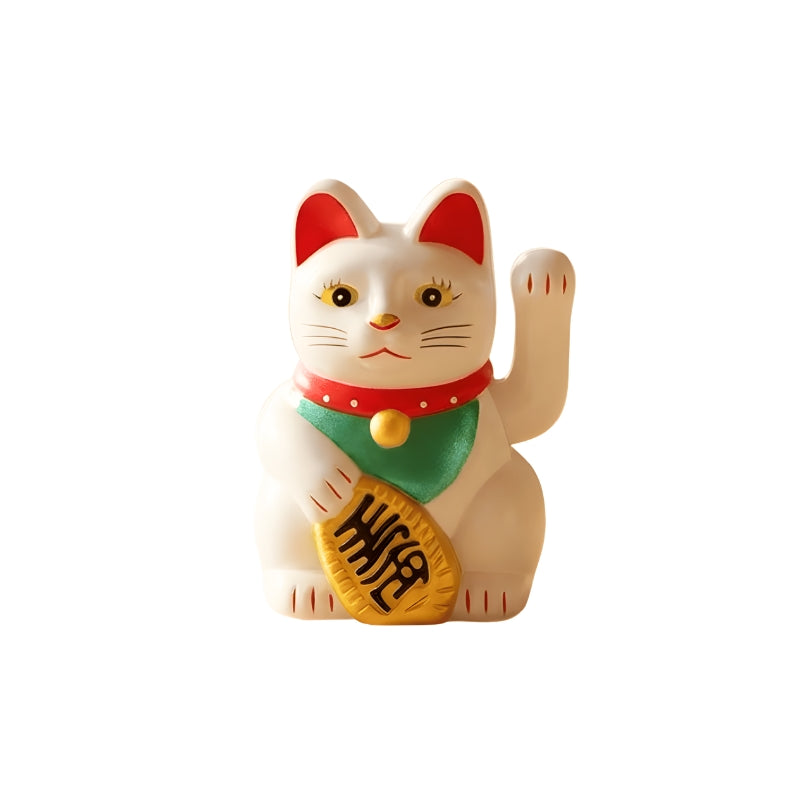 White wavin maneki neko japanese style with waving paw and treasure detail displayed on clean white background for product view