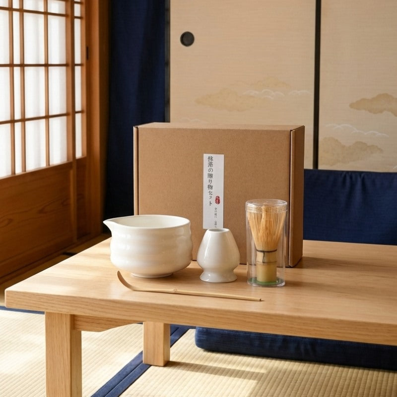Traditional whisk set japanese matcha displayed on low wooden table with tatami floor and authentic Japanese interior decor background