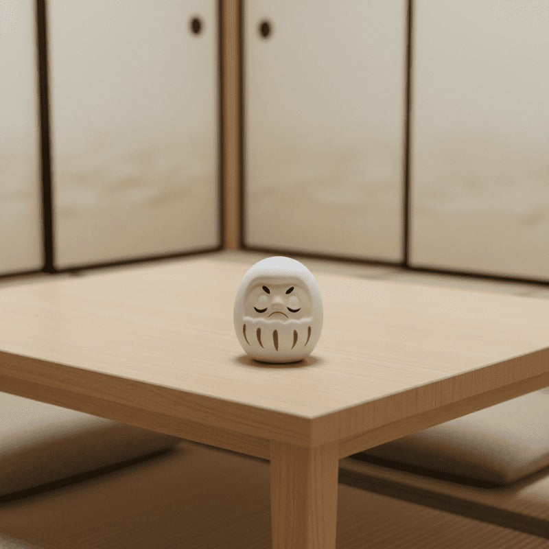 Pristine white daruma japanese with brown decorative markings placed on wooden table in traditional interior with shoji panels