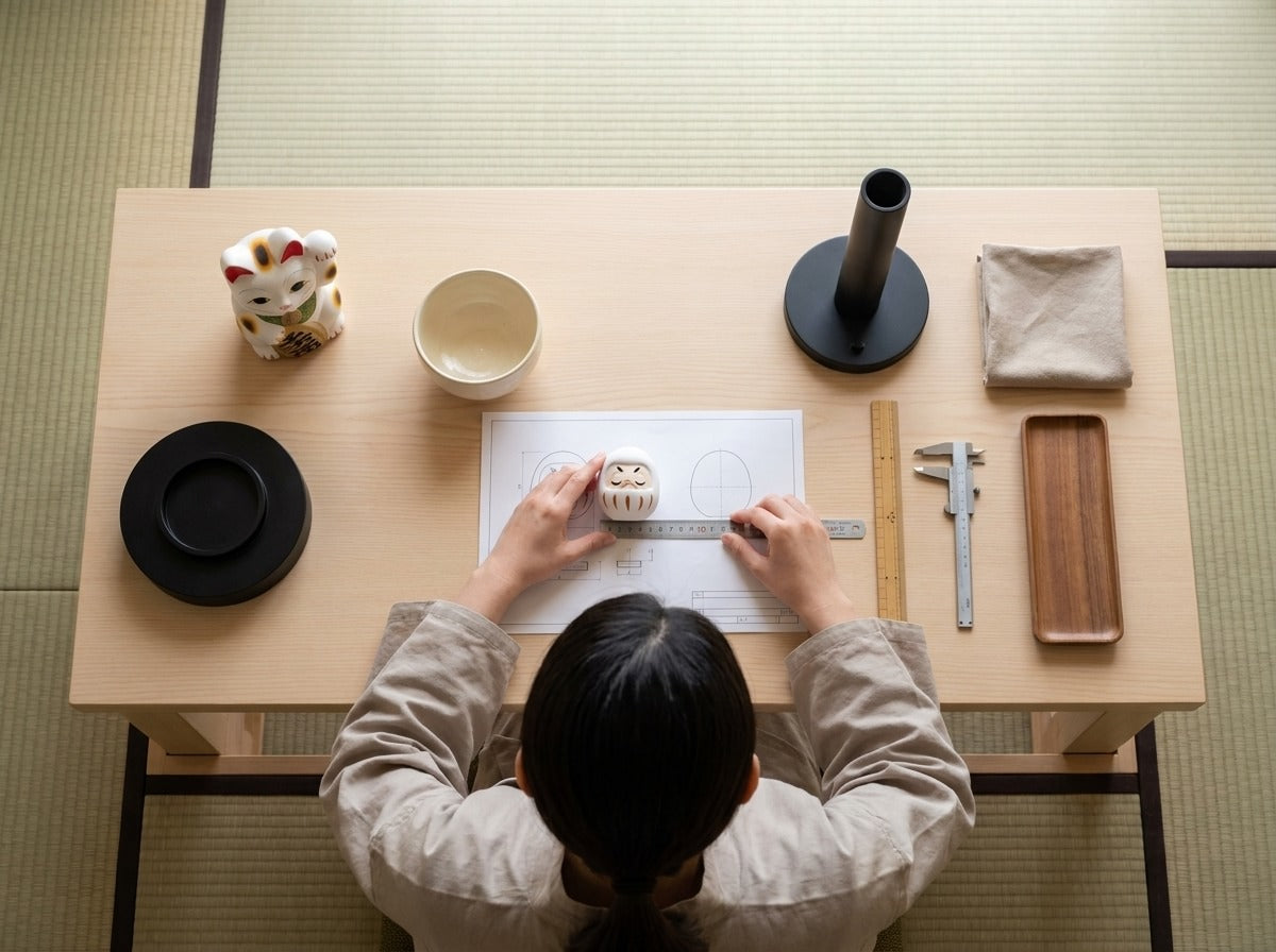 Overhead workshop shot of a very small white daruma doll measured with a ruler against a scale blueprint, maneki neko figurine and calipers arranged on the table