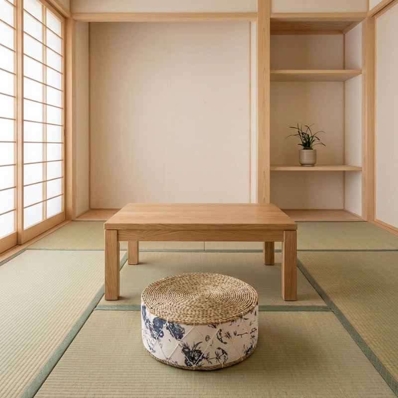 White floor cushion japanese with woven top and botanical navy pattern on tatami mat near chabudai table in authentic room