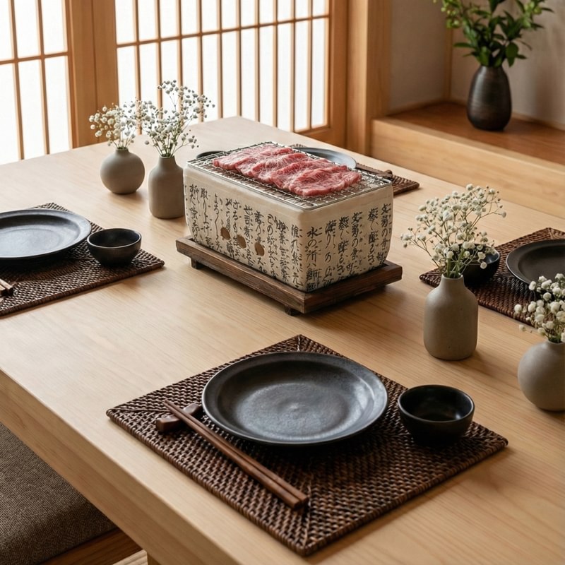 White Japanese barbecue rectangular ceramic with kanji inscriptions grilling marbled beef on dining table with black plates and chopsticks