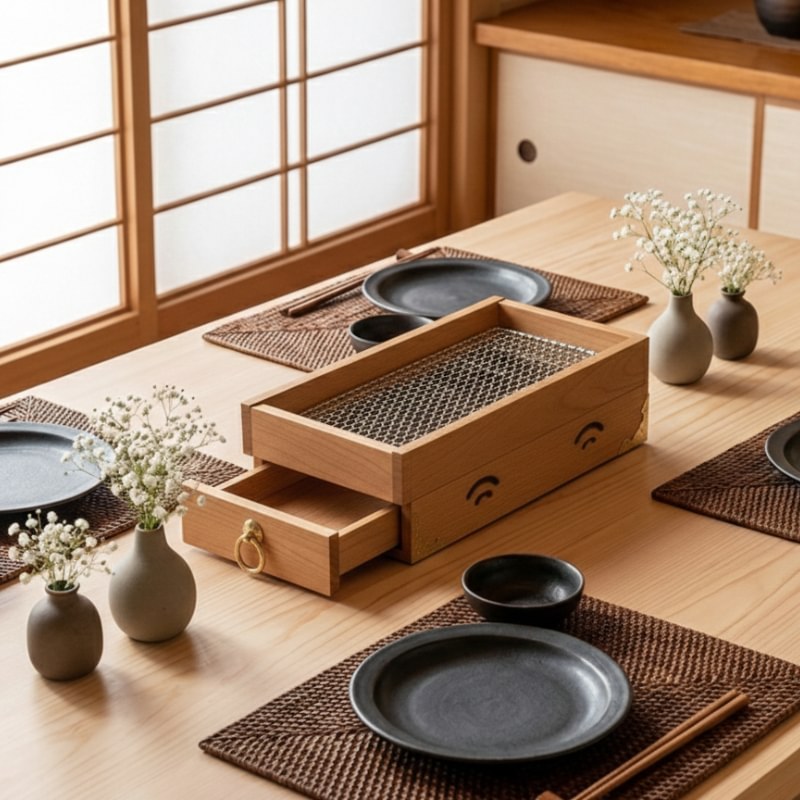 Minimalist wood bbq grill japanese displayed open on dining table with ceramic plates and white flower vases