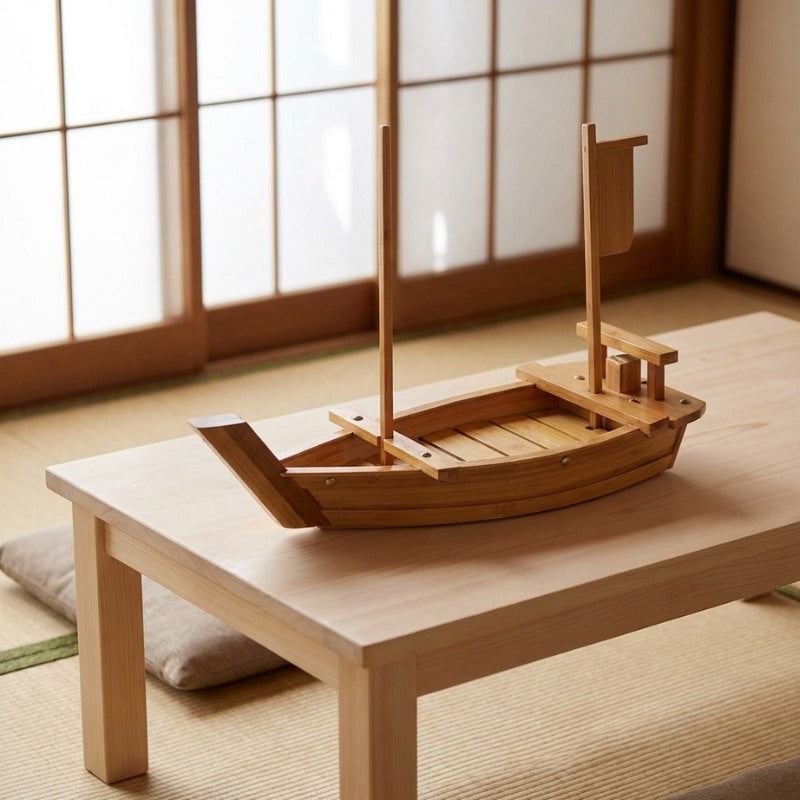 Wood boat sushi serving platter with dual masts and cabin structure on low table in tatami floor room