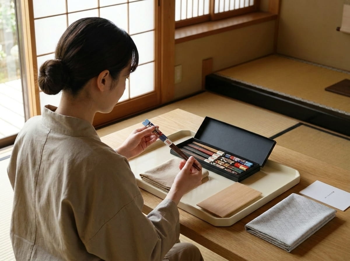 A woman inspects a pair of wood chopsticks workshop-style at a low table, with a boxed set and folded fabric nearby in a tatami room