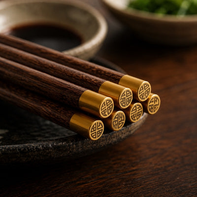 Close-up of several wood chopsticks tops with engraved gold medallion ends resting on a dark ceramic plate