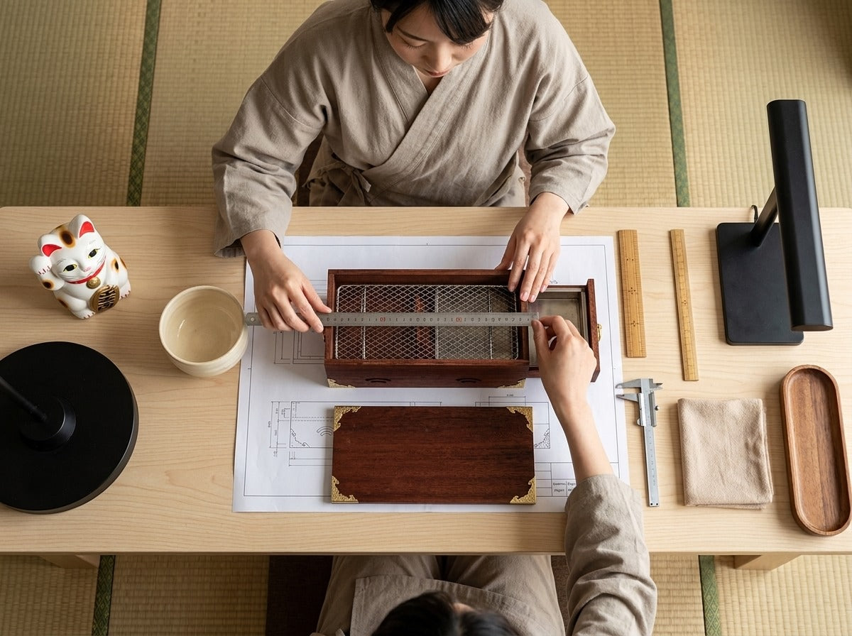 Two artisans measuring a wood Japanese charcoal barbecue with metal ruler against technical blueprints surrounded by tools and a maneki-neko figurine on a tatami table