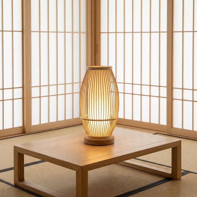 Elegant wood lamp japanese with barrel-shaped bamboo shade on chabudai low table surrounded by shoji screens