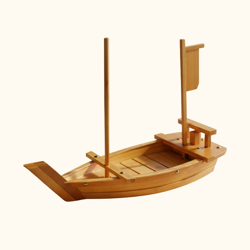 Wood sushi boat light natural bamboo with two masts and traditional ship architecture on clean white background